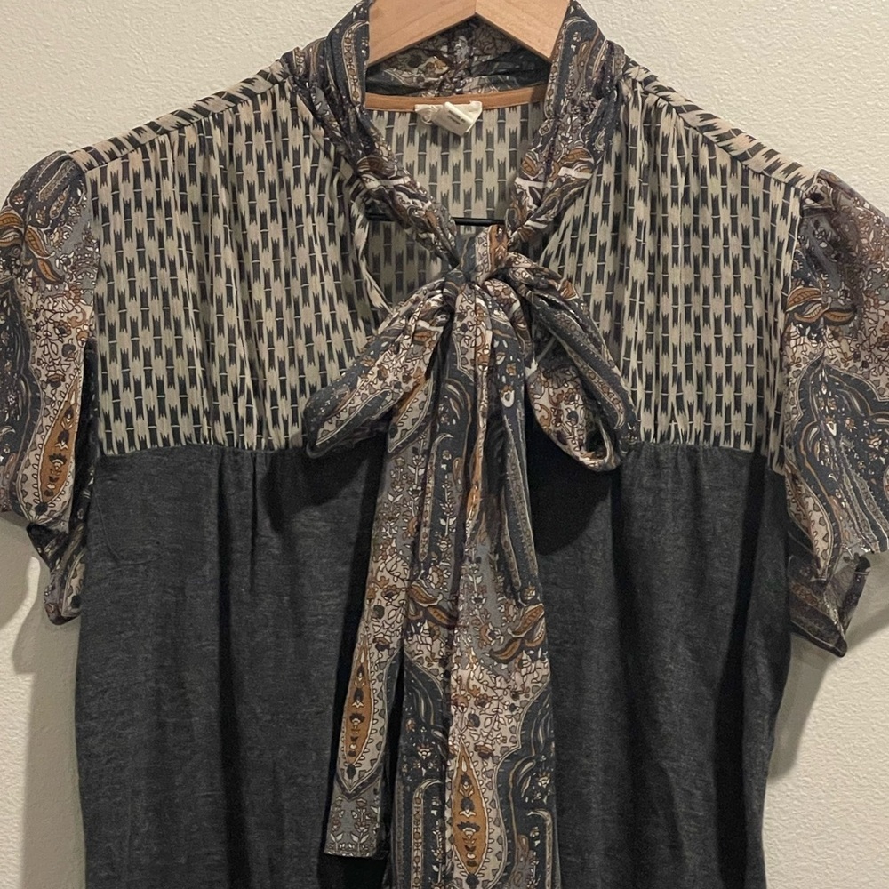 Anthropologie Tiny Joy Tie-Neck Mixed Print Top - Gray/Blue, Short Sleeve, XS - Picture 12 of 14